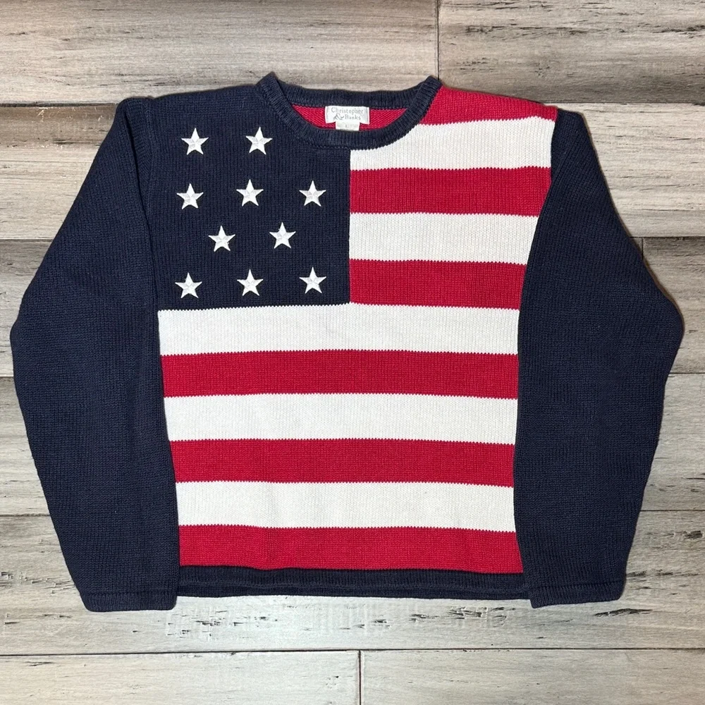 VTG Christopher & Banks woman American Flag Crewneck Sweater -Red, White & Navy - Picture 2 of 12